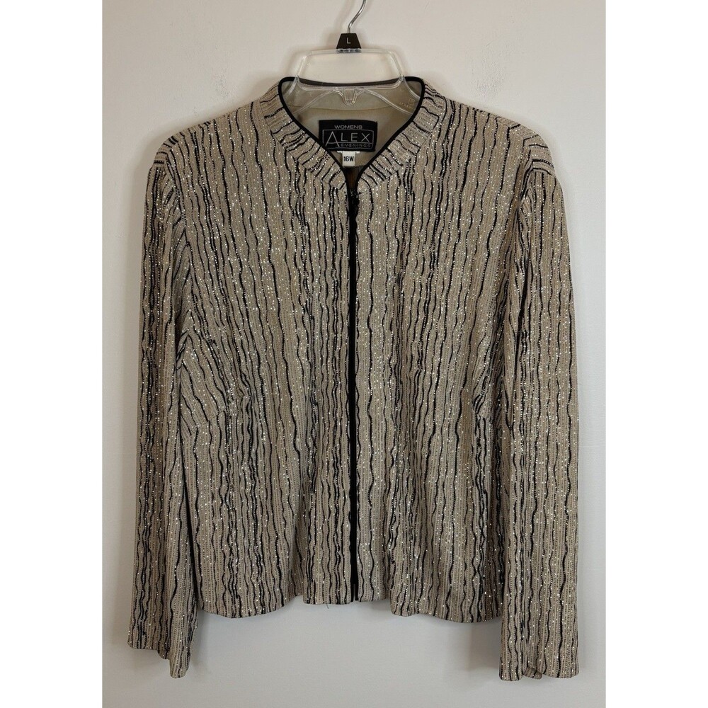 ALEX EVENINGS Drizzle Jacquard Sparkle Zip Front Jacket Women 16W Party Formal
